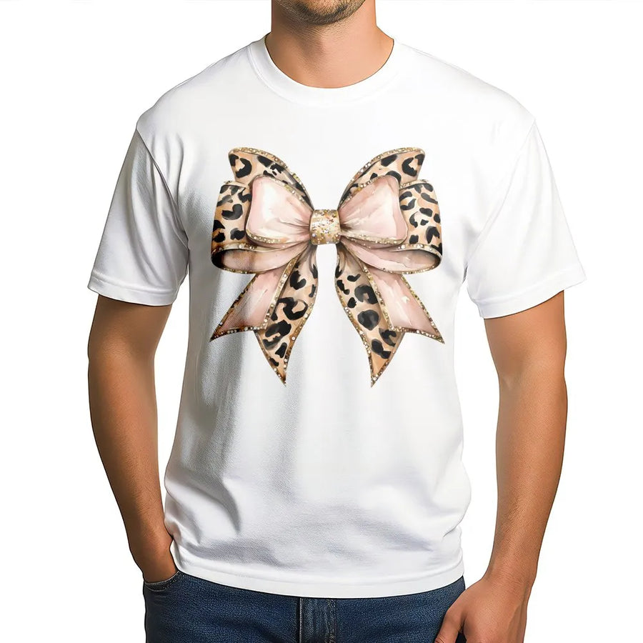 Leopard Print Bow T-Shirt | Aesthetic Watercolor Ribbon Graphic | Premium Soft Cotton Tee | Cute Trendy Gift For Her Women Teens