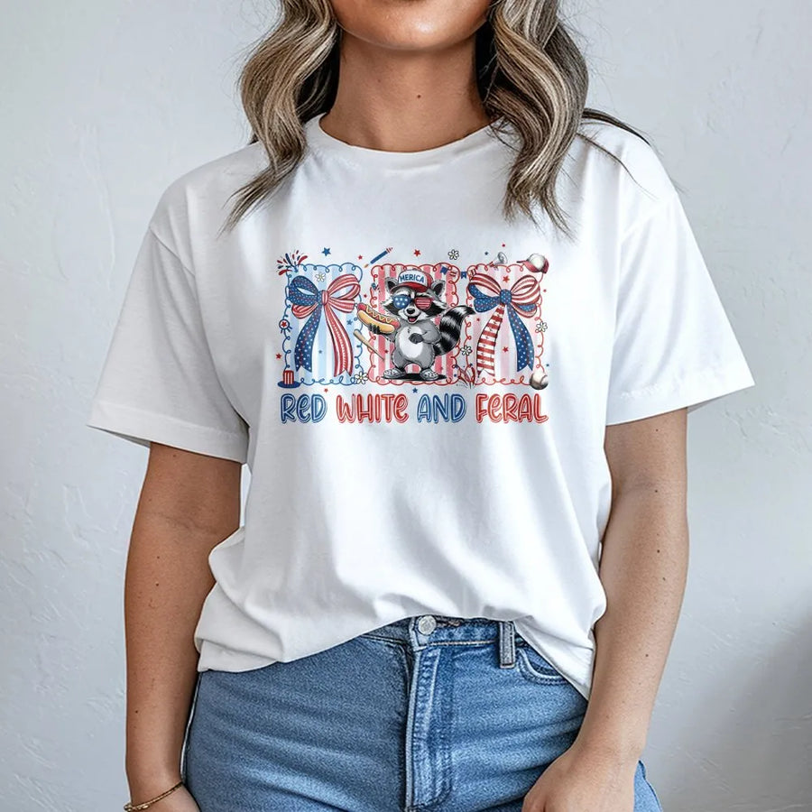 Red White and Feral Raccoon T-Shirt | Funny USA Independence Day Graphic Tee | Soft Breathable Cotton | Patriotic Animal Lover Gift
