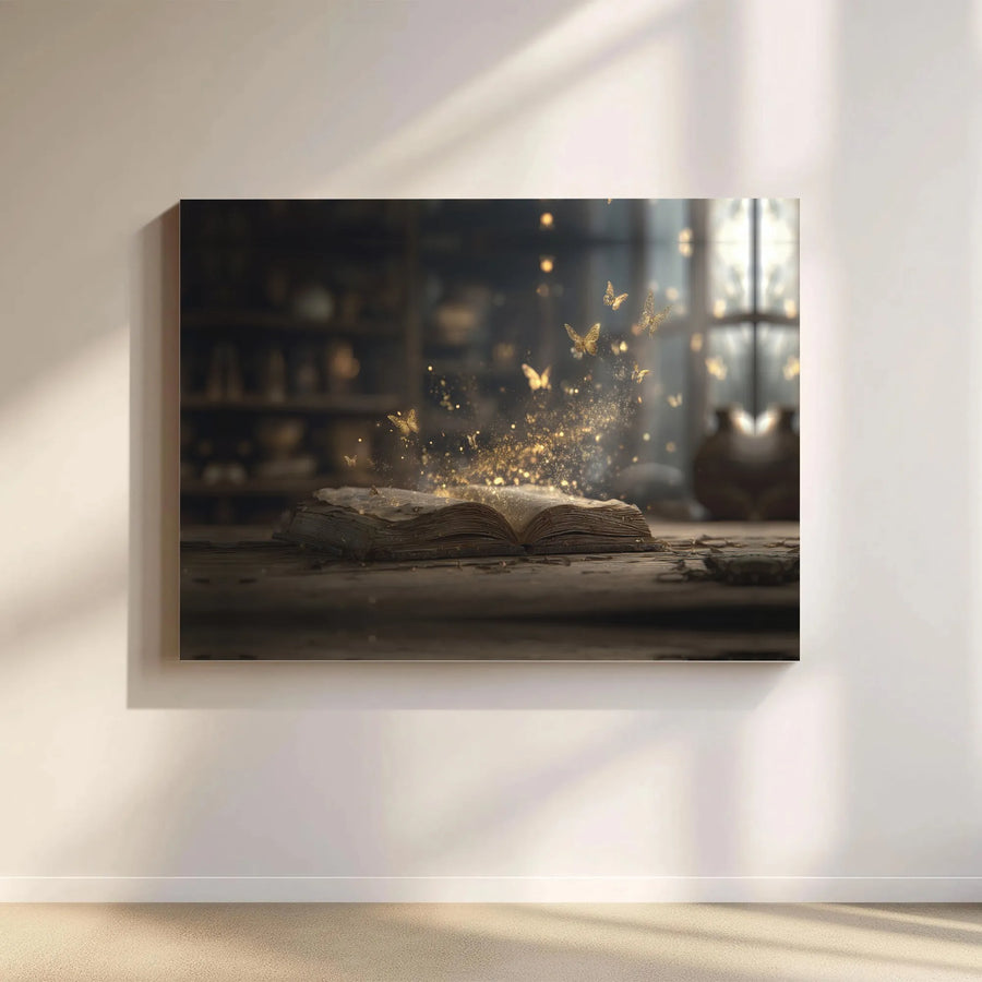 Magical Book Canvas Print | Golden Butterflies & Sparkle Art | Premium Gallery Wrap | Whimsical Home Decor Gift for Book Lovers