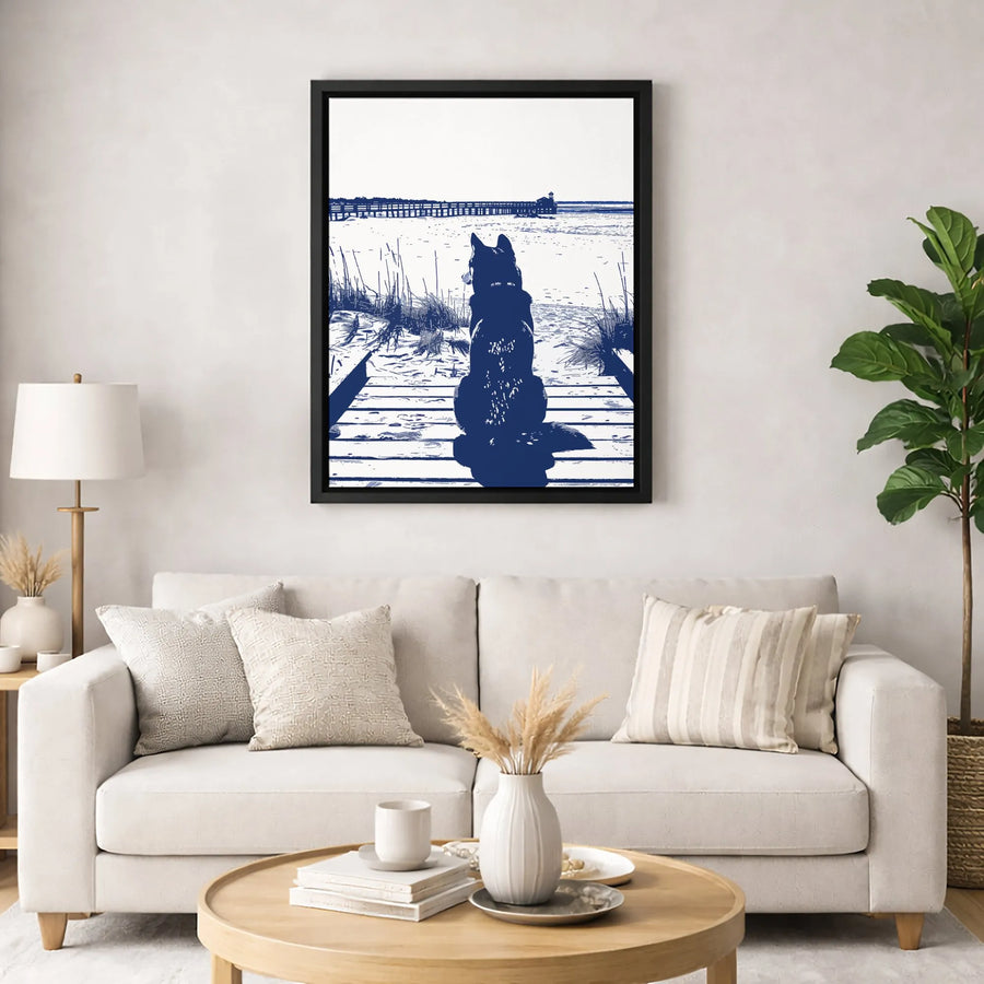 Dog On Boardwalk Canvas Art | Coastal Blue Silhouette Wall Decor | Gallery-Wrapped Premium Print | Dog Lover Gift For Home Office