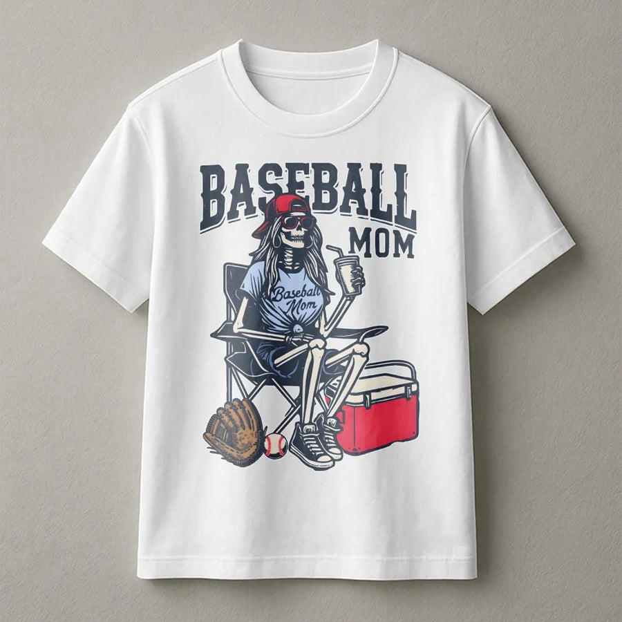Baseball Mom T-Shirt | Skeleton Graphic Sporty Mama Design | Premium Cotton Soft Tee | Fun Game Day Gift for Baseball Lovers