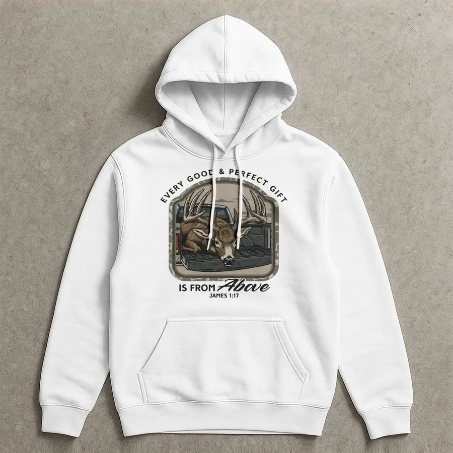 Christian Deer Hunting Hoodie | James 1:17 Bible Verse Buck Graphic | Premium Cotton Tee | Gift for Christian Hunter