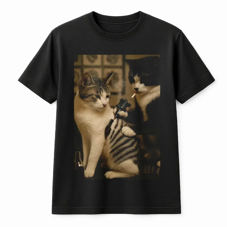 Tattoo Artist Cat T-Shirt | Funny Smoking Cat Graphic Tee | 100% Premium Cotton | Quirky Gift for Cat Lovers and Ink Enthusiasts