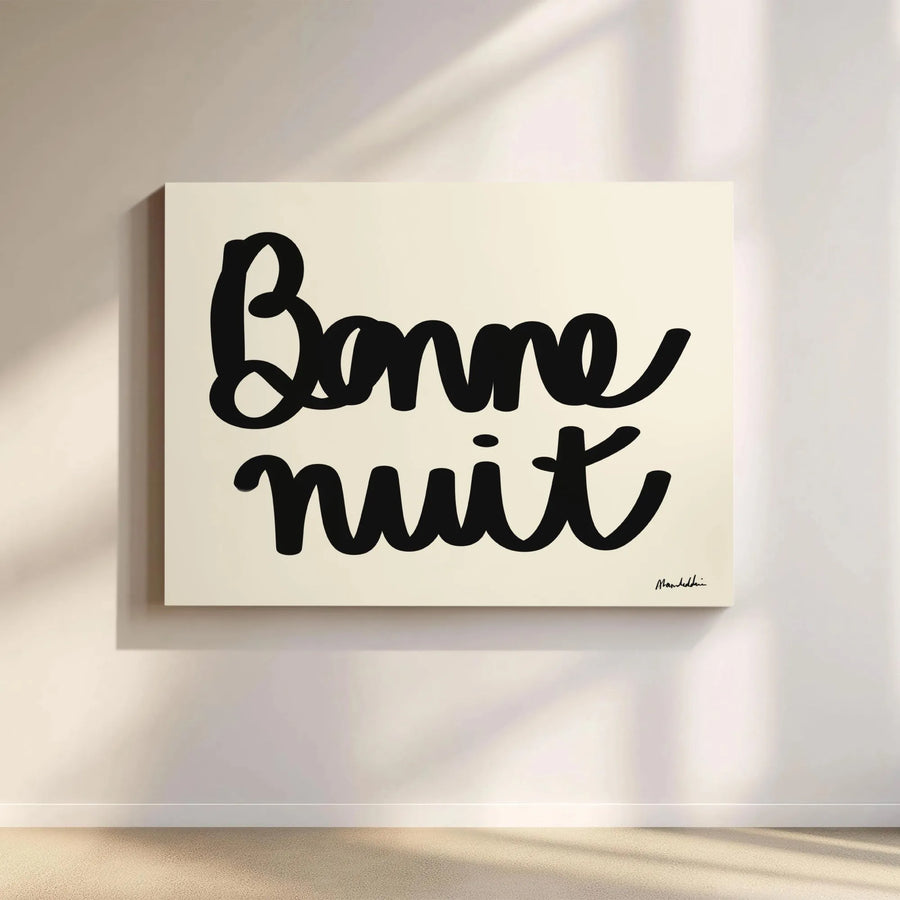 Bonne Nuit Wall Art | Modern French Typography Print | 1.25 Inch Gallery Wrap Canvas | Minimalist Bedroom Decor For Home
