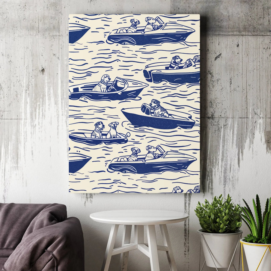 Dogs Driving Boats Canvas Art | Whimsical Navy Blue Nautical Pattern | 1.25 Inch Premium Gallery Wrap | Unique Dog Lover Home Decor Gift