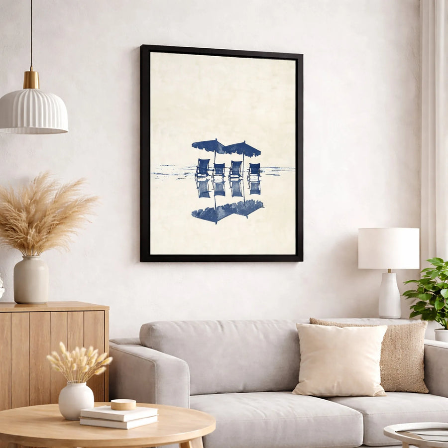 Beach Chairs And Umbrellas Canvas Art | Minimalist Coastal Ocean Print | Premium Gallery Wrapped Decor | Modern Home Office Wall Hanging Gift
