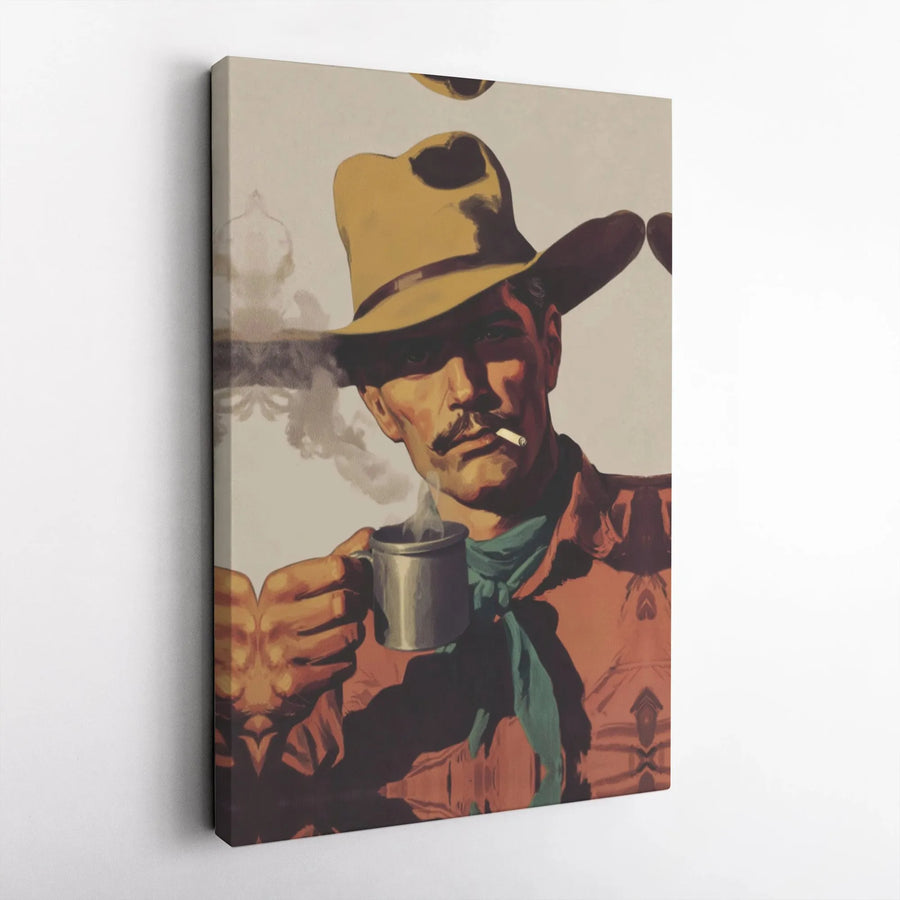 Vintage Cowboy Canvas Wall Art | Smoking Gunslinger Drinking Coffee Portrait | Premium Fade-Resistant Gallery Wrap | Western Home Decor Gift