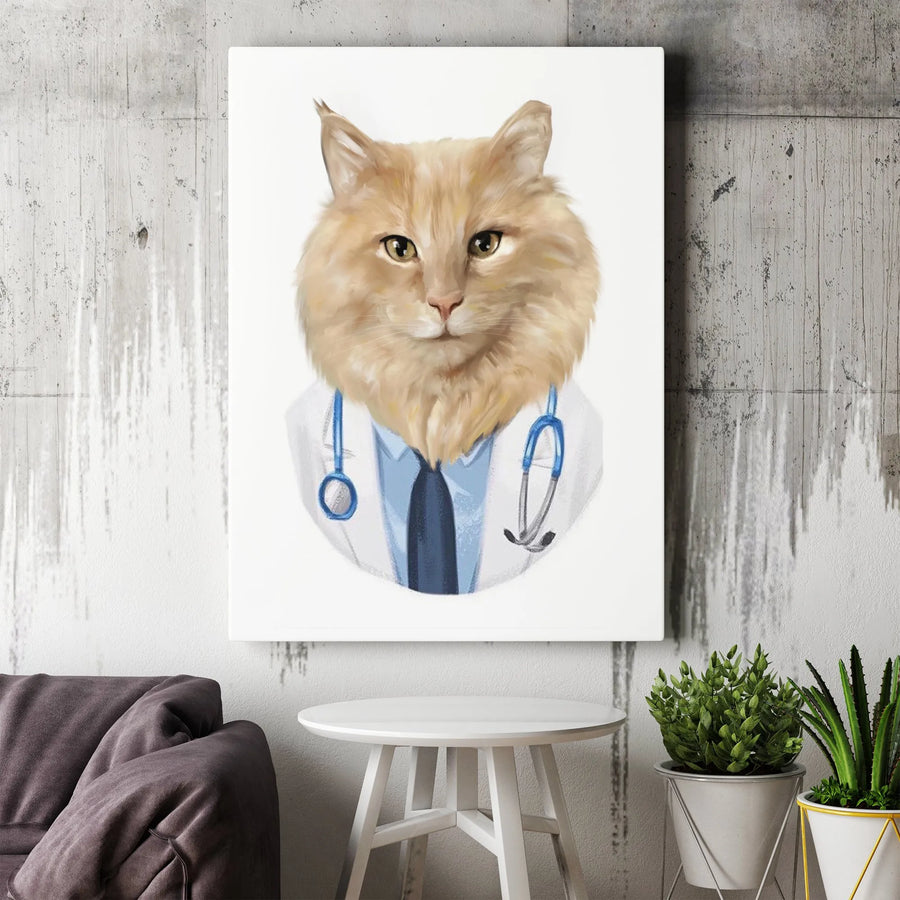 Doctor Cat Canvas Art | Whimsical Ginger Kitten Professional Portrait | Gallery Quality Stretched Print | Unique Gift for Veterinarians or Nurses
