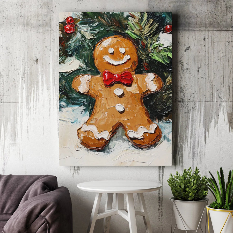 Gingerbread Man Christmas Canvas Art | Textured Impasto Oil Painting Style | Premium Gallery Wrap Wall Decor | Festive Holiday Gift for Home