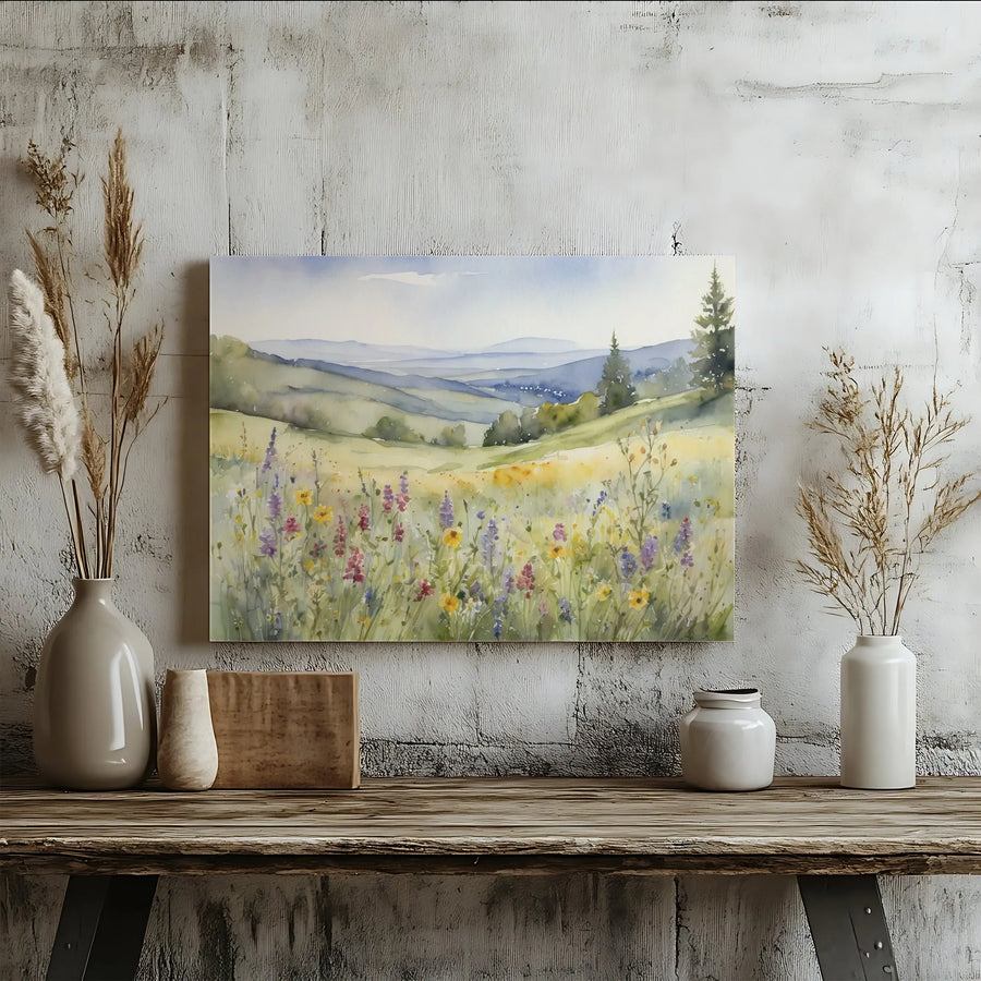 Watercolor Wildflower Canvas Art | Mountain Meadow Landscape Painting | Premium Fade-Resistant Print | Rustic Farmhouse Wall Decor Gift
