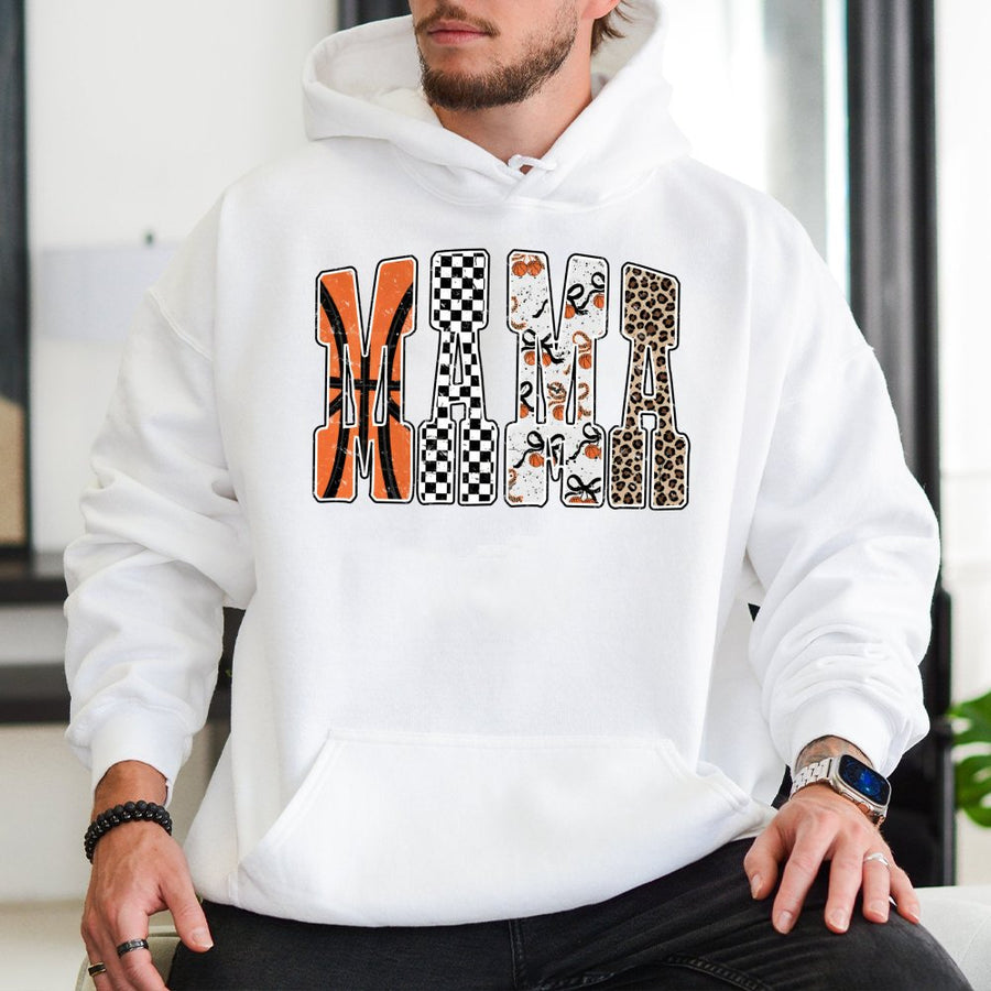 Basketball Mama Hoodie | Retro Checkered Leopard Sports Print | Cotton-Polyester Blend | Trendy Game Day Gift for Basketball Moms