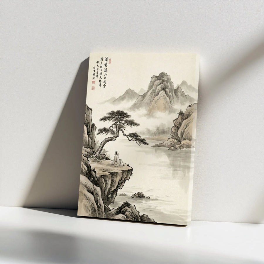 Japanese Ink Wash Vertical Canvas | Mountain Landscape Painting with Calligraphy | Premium Gallery Wrapped Print | Minimalist Zen Wall Art for Home Decor Gift