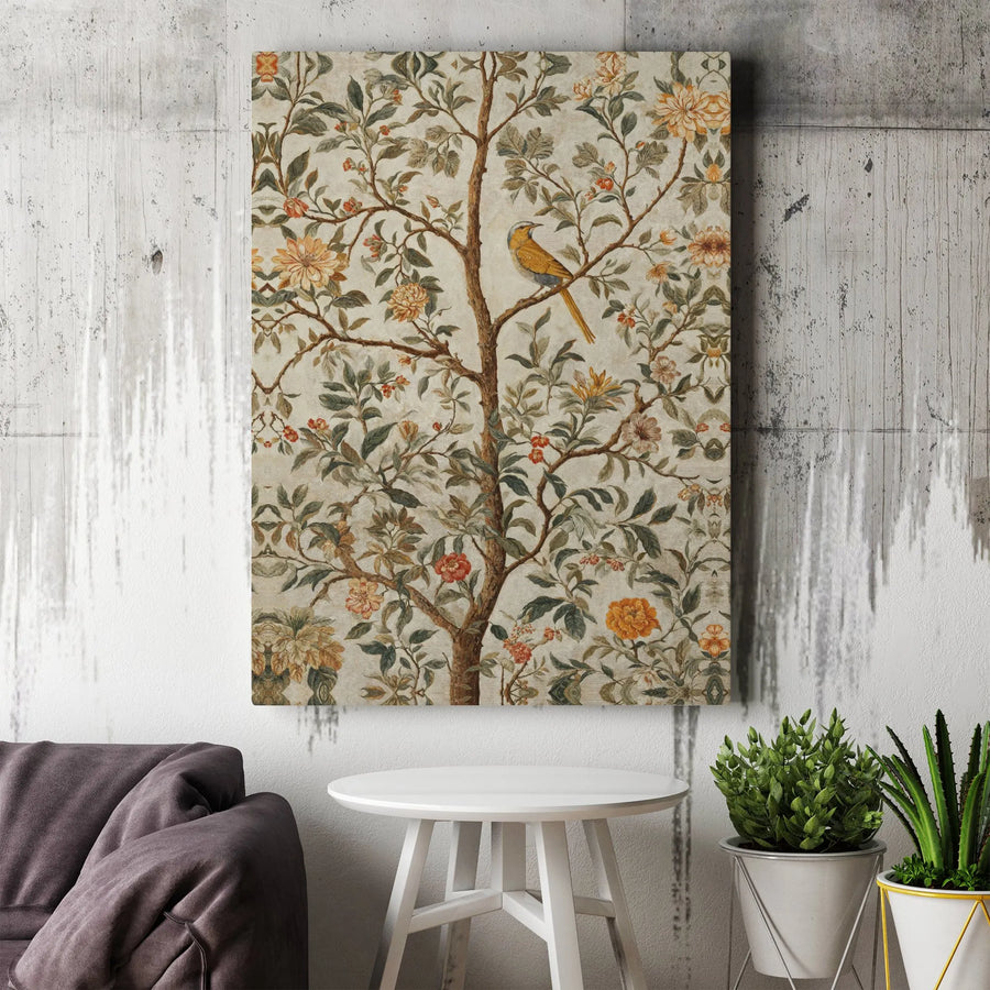 Vintage Botanical Tree Of Life Canvas | Yellow Bird Floral Art Print | Gallery-Quality 1.25" Profile | Elegant Home & Office Wall Decor