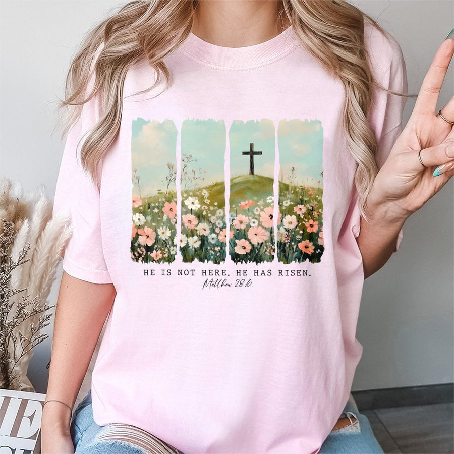 He Is Risen T-Shirt | Matthew 28:6 Floral Cross Graphic | Premium 100% Cotton Religious Apparel | Easter Christian Gift For Her Him