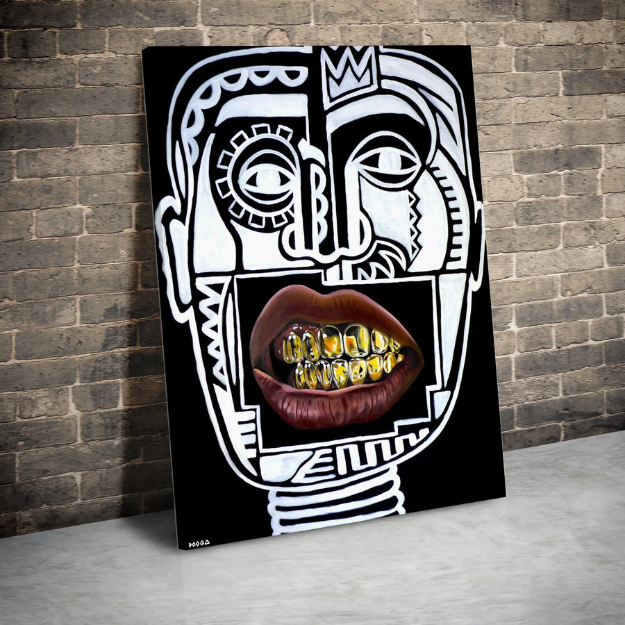 Abstract Gold Grillz Vertical Canvas | Modern Graffiti King Portrait | Premium Gallery Wrap Wall Art | Collector's Hip Hop Urban Decor Gift