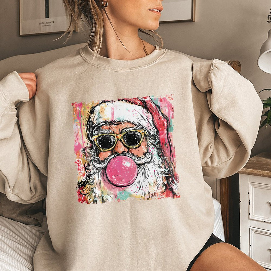 Cool Santa Christmas Sweatshirt | Bubble Gum Graphic Retro Design | Premium Cotton-Poly Blend | Unisex Holiday Gift for Men and Women
