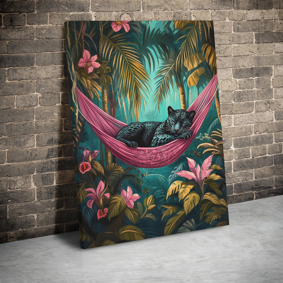 Black Panther Canvas Wall Art | Tropical Jungle Sleeping Leopard | Premium Gallery Wrap Print | Modern Botanical Home Decor Gift