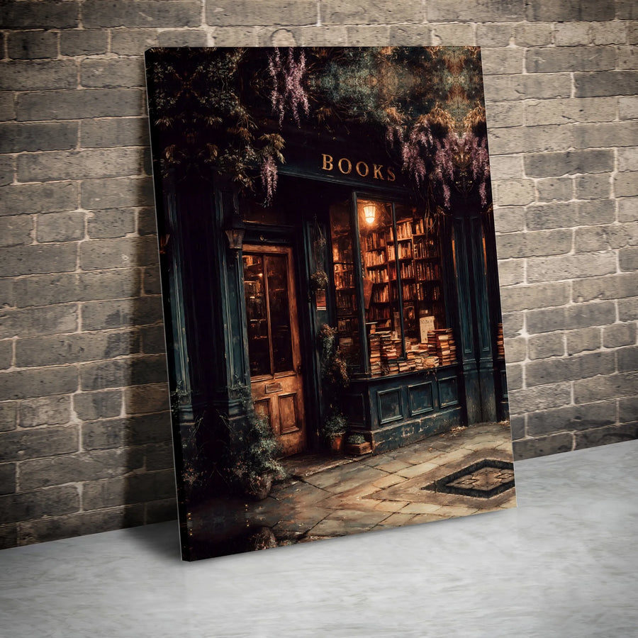 Cozy Bookstore Canvas Print | Dark Academia Wisteria Wall Art | 1.25 Inch Gallery Wrap | Bibliophile Gift for Reader Home Office Decor