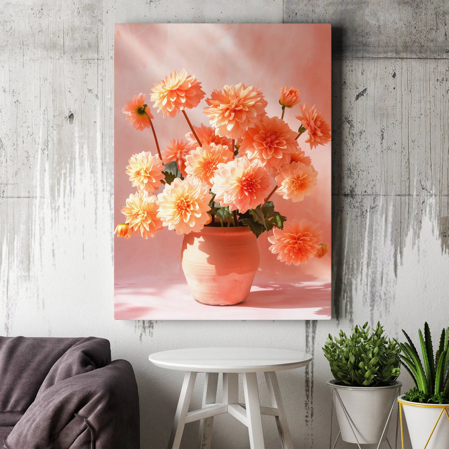 Peach Dahlia Flower Canvas Wall Art | Sunlit Floral Bouquet in Terracotta Vase | Premium Fade-Resistant Gallery Wrap | Elegant Home Decor Gift