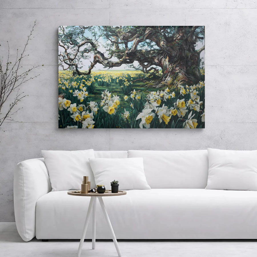 Daffodil Field Wall Art | Gnarled Ancient Tree Painting | Premium Gallery Wrap Canvas | Nature Inspired Home Decor Gift