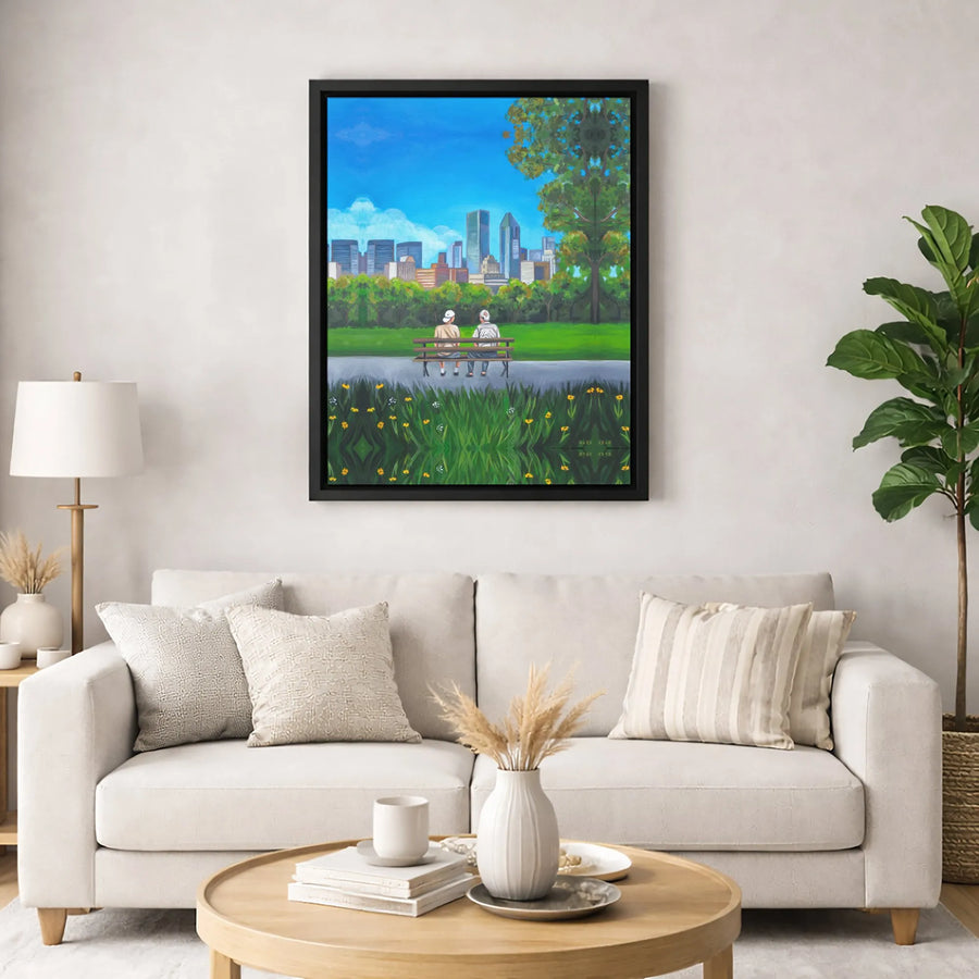 City Skyline Canvas Print | Elderly Couple Sitting on Park Bench | Premium Gallery Wrap Wall Art | Sentimental Gift for Anniversary or Parents