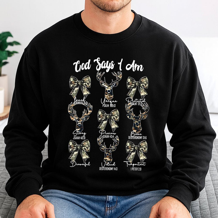 God Says I Am Sweatshirt | Christian Bible Verse Deer Hunting Gift | Premium Cotton Blend Crewneck | Religious Coquette Aesthetic Apparel For Women