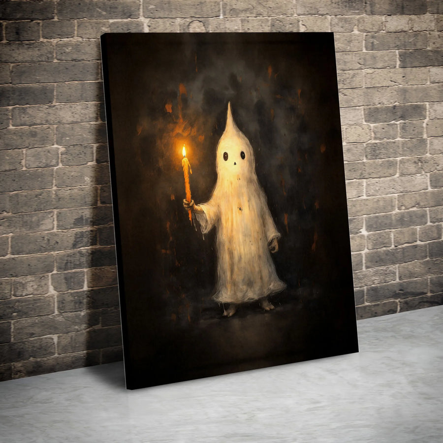 Cute Ghost with Candle Canvas Print | Dark Academia Gothic Horror Painting | Premium Frameless Gallery Wrap | Halloween Decor Collector's Gift