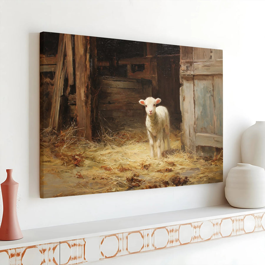 Rustic Lamb Oil Painting Horizontal Canvas | Farmhouse Barn Animal Wall Art | Premium 1.25 Inch Canvas Print | Charming Cottagecore Home Decor Gift