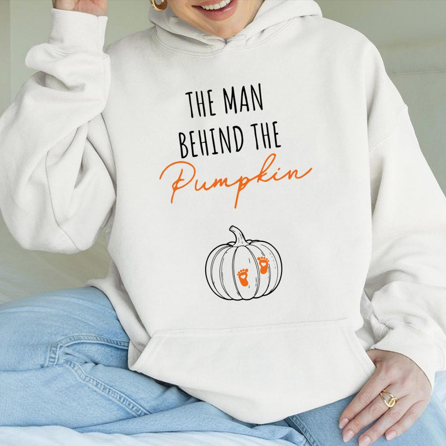 The Man Behind The Pumpkin Hoodie | Fall Pregnancy Announcement Sweatshirt | Unisex Cotton Blend | Cute Expecting Dad Baby Reveal Gift