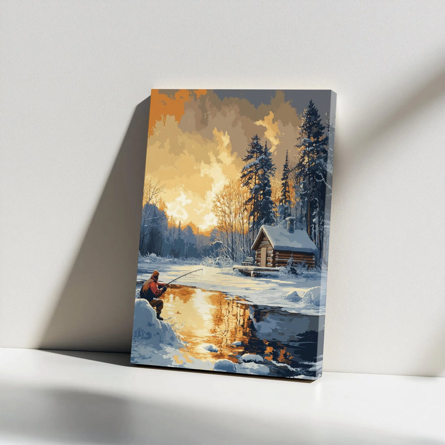 Ice Fishing Canvas Wall Art | Winter Log Cabin Landscape | Premium Gallery Wrap Print | Nature Lover Cabin Decor Gift