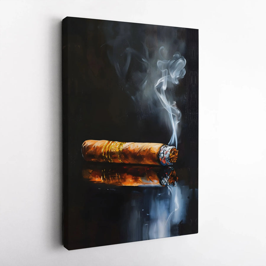 Smoking Cigar Wall Art | Oil Painting Style Cigar with Gold Band | Premium 1.25-Inch Canvas Print | Gift for Cigar Aficionado and Man Cave Decor