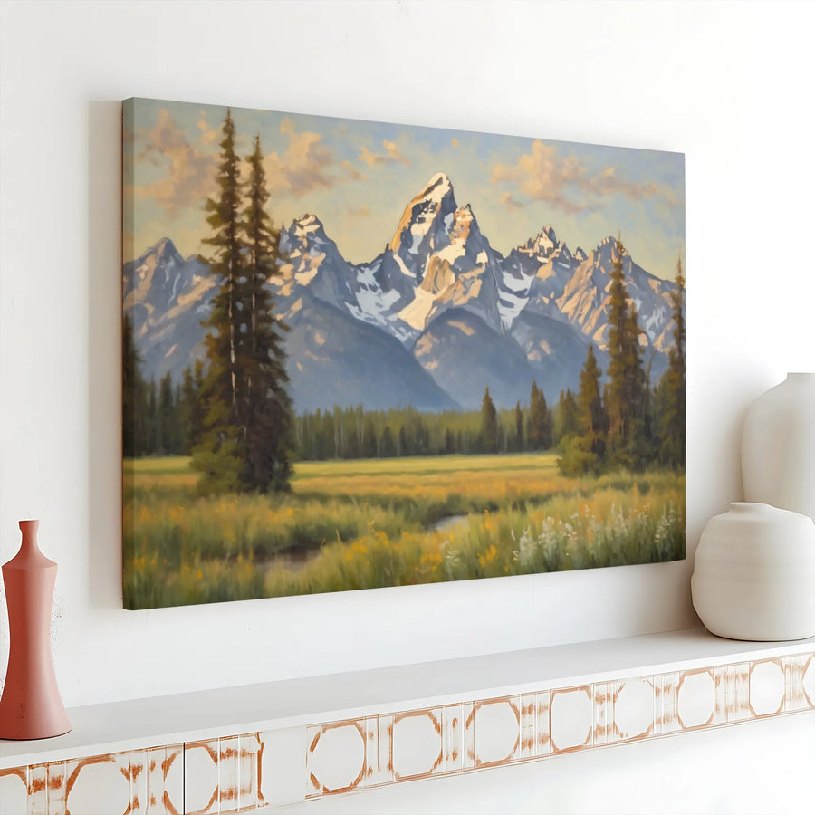 Grand Teton National Park Canvas Print | Mountain Landscape Oil Painting Style | Premium Gallery Wrap Wall Art | Scenic Nature Decor Gift for Hikers