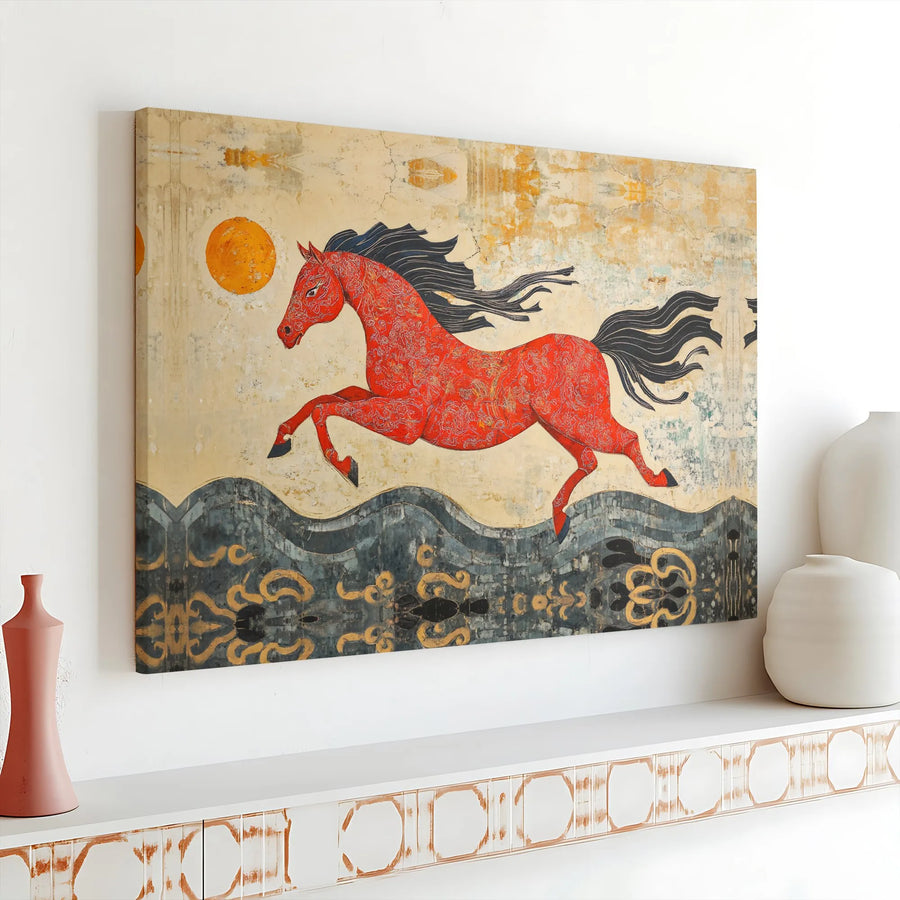 Red Running Horse Canvas Wall Art | Folklore Inspired Equestrian Decor | Premium Gallery Wrap Print | Southwestern Home Decor Gift