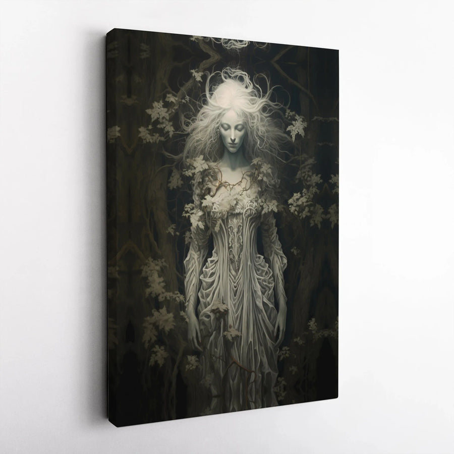 Gothic Forest Spirit Wall Art | Ethereal Woman in Dark Woods | Premium Gallery Wrapped Canvas | Moody Dark Academia Home Decor Gift
