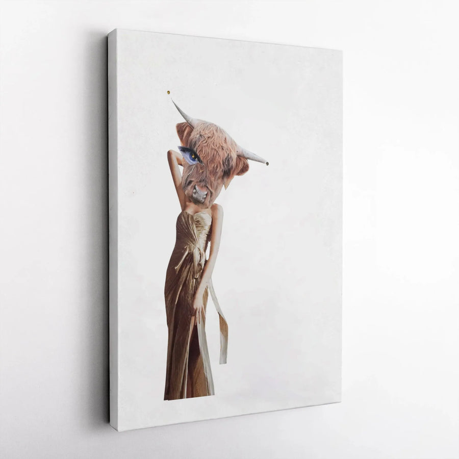 Highland Cow Canvas Wall Art | Surreal Fashion Portrait in Gold Gown | Premium Gallery Wrapped Decor | Unique Maximalist Home Gift