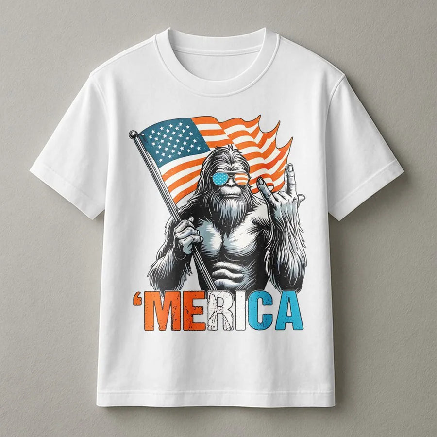 Bigfoot American Flag T-Shirt | Patriotic Sasquatch Rocking Graphic | 100% Premium Cotton | Funny 4th of July Gift for Men and Women