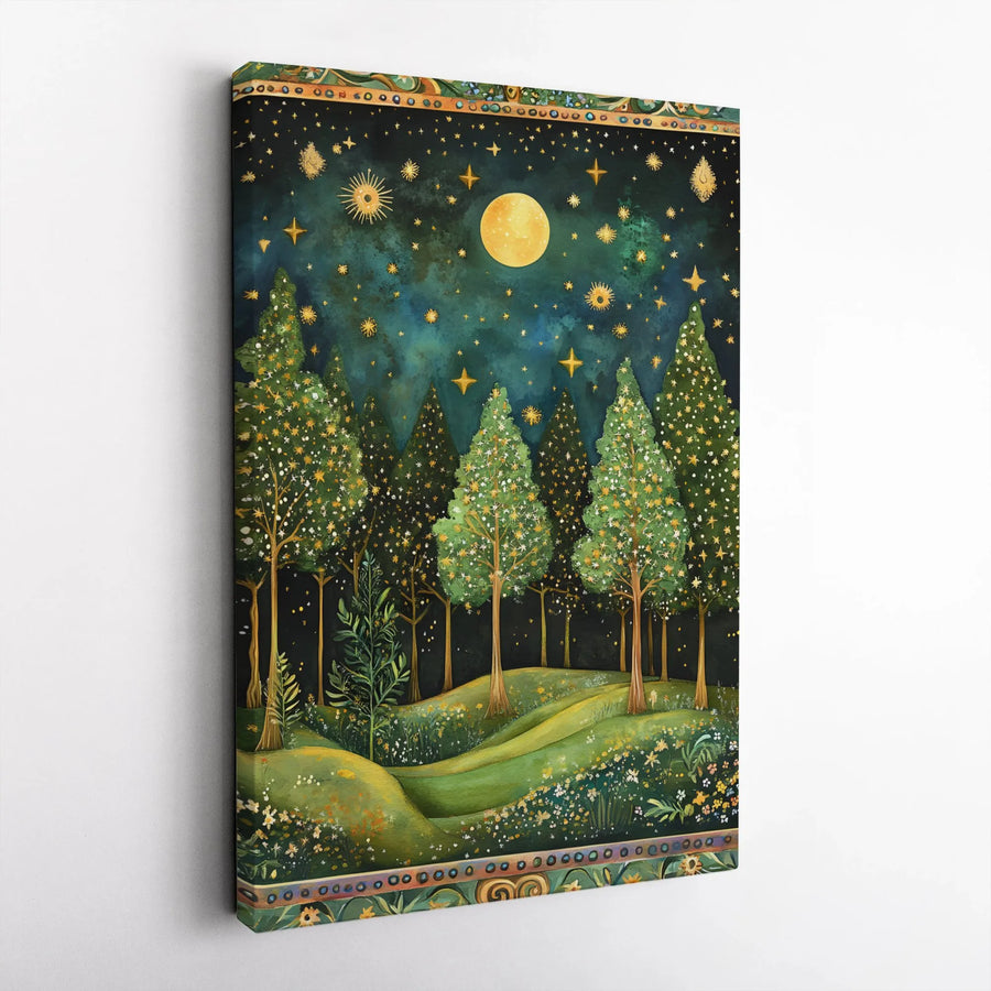 Whimsical Forest Canvas Print | Starry Night Moon Wall Art | Premium 1.25-inch Thick Gallery Wrap | Enchanted Nature Decor for Home and Office
