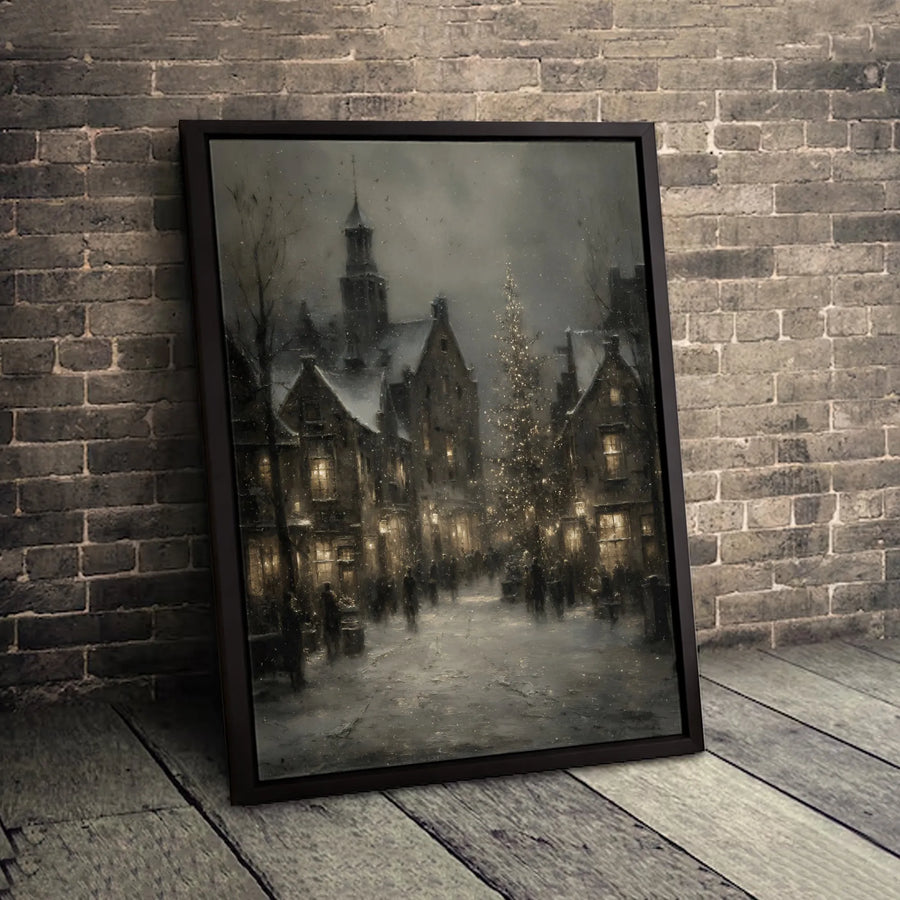 Winter Village Canvas Wall Art | European Christmas Town Street Scene | Premium Gallery Wrap Print | Festive Home Decor Gift