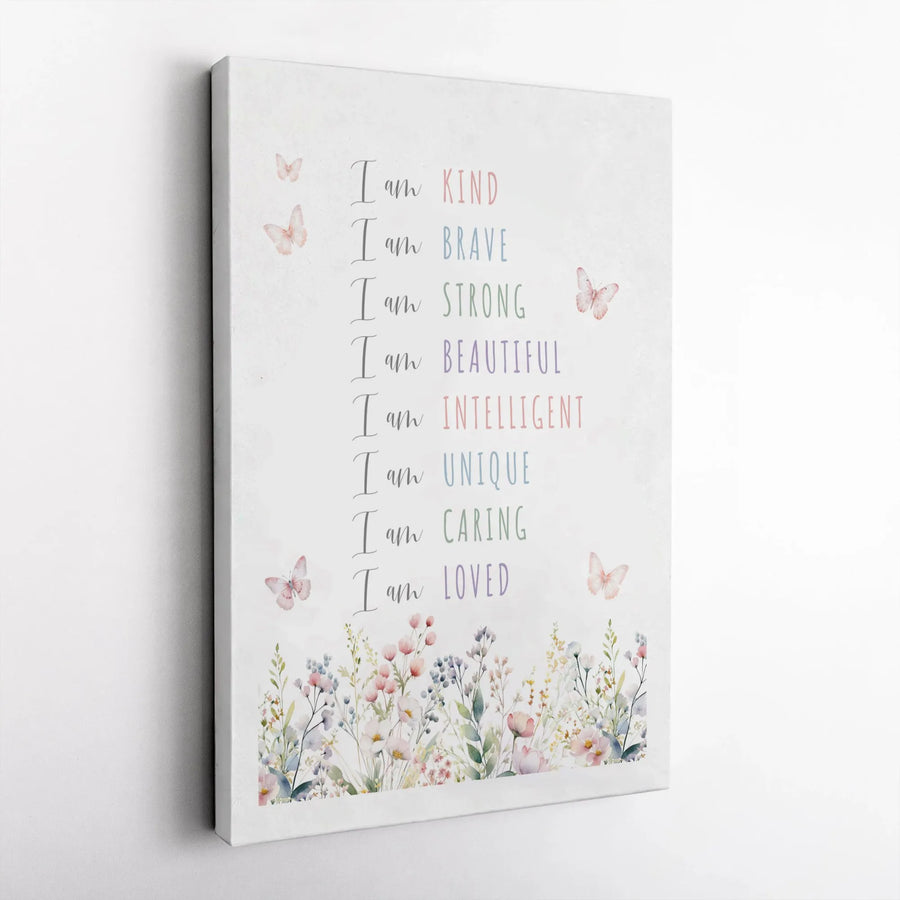 I Am Affirmation Wall Art | Floral Butterfly Nursery Decor | Premium Gallery Canvas | Inspirational Growth Mindset Gift for Girls