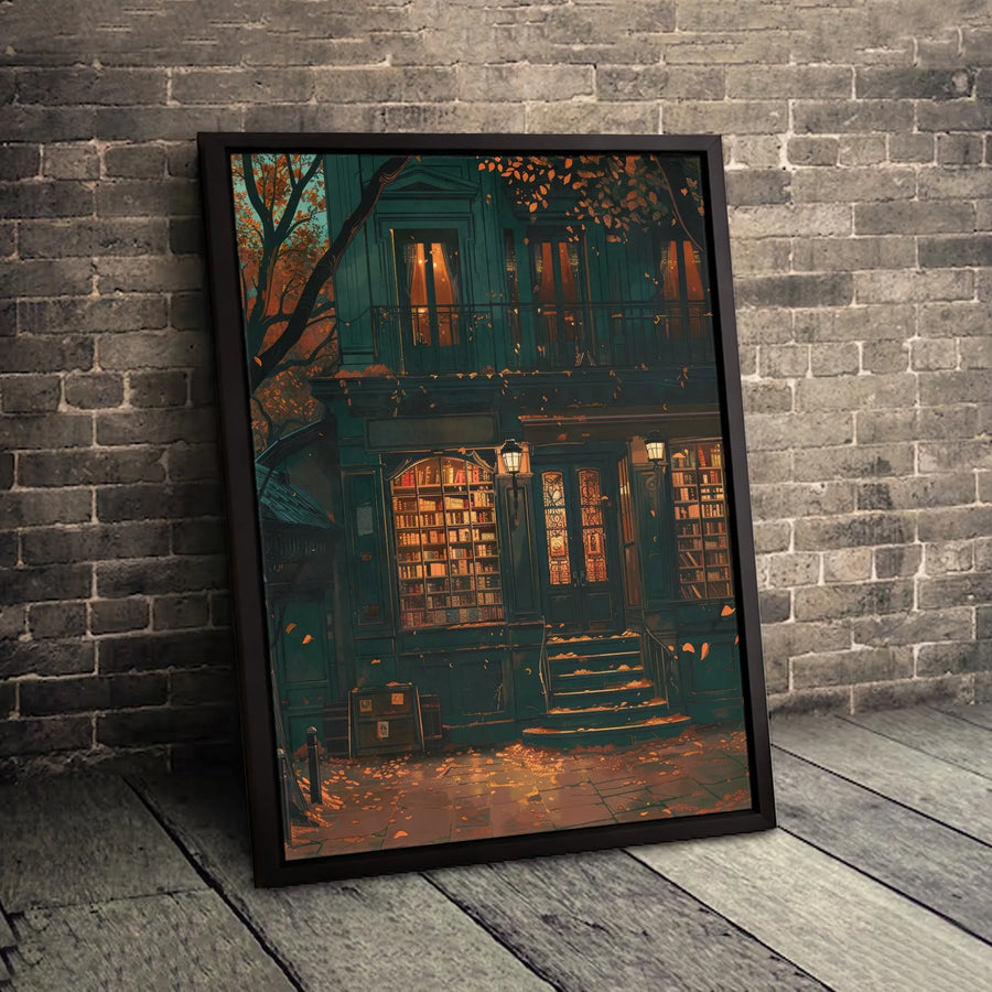 Cozy Autumn Bookstore Canvas Print | Dark Academia Night Street Art | 1.25-Inch Premium Gallery Wrap | Bibliophile Home Office Decor Gift
