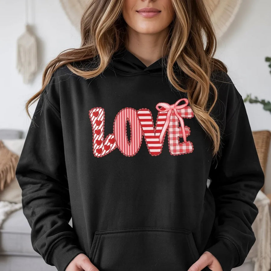Love Valentine Hoodie | Coquette Aesthetic Patchwork Heart Gingham Bow Graphic | Soft Cotton Blend Sweatshirt | Romantic Gift For Her Women Teens