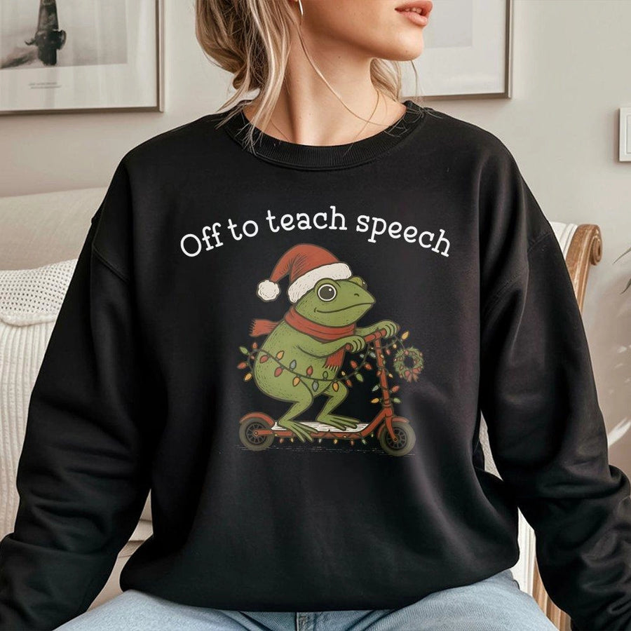 Speech Therapist Christmas Sweatshirt | Cute Frog on Scooter Holiday Design | Soft Cotton Blend | SLP Gift for Speech Language Pathologist