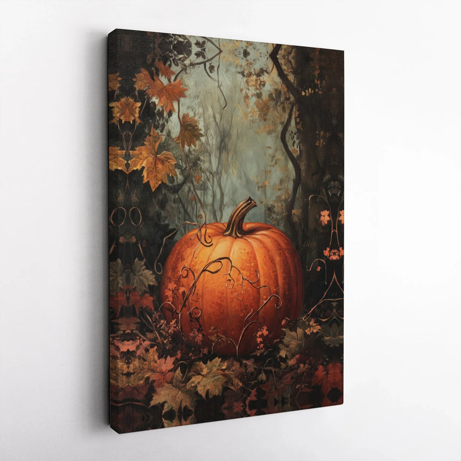 Autumn Pumpkin Wall Art | Moody Forest Oil Painting Style | Premium 1.25" Gallery Canvas | Fall Home Decor Gift for Harvest Season
