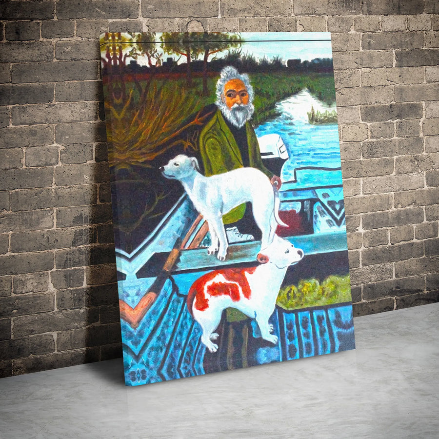 Old Man and Dogs Boat Canvas Art | Whimsical Fisherman Oil Painting Style | 1.25" Gallery Wrap Premium Print | Rustic Nautical Home Decor Gift