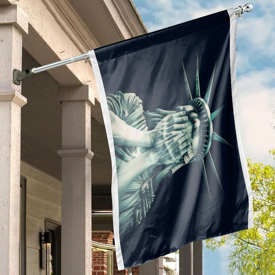 Crying Statue Of Liberty House Flag | Commentary Patriotic Art | Weather-Resistant Polyester | Statement Home Garden Decor Gift