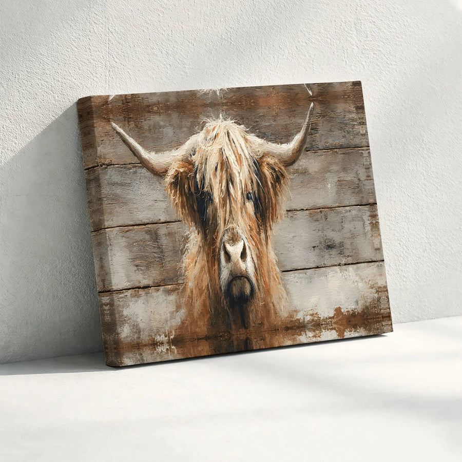 Highland Cow Canvas Wall Art | Rustic Shaggy Cow Portrait on Wood | Premium Gallery Wrapped Print | Farmhouse Living Room Decor & Gift