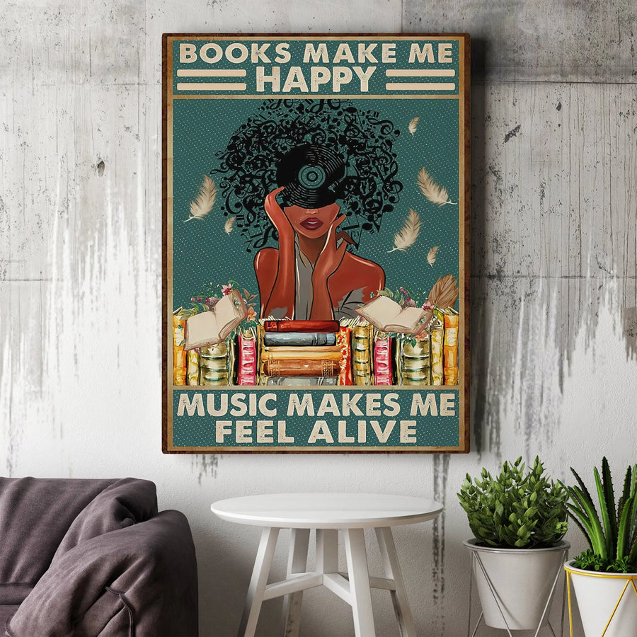 Books Make Me Happy Music Makes Me Feel Alive Canvas | Black Woman Afro Vinyl Hair Art | Premium Gallery Wrapped Wall Decor | Gift for Readers & Music Lovers