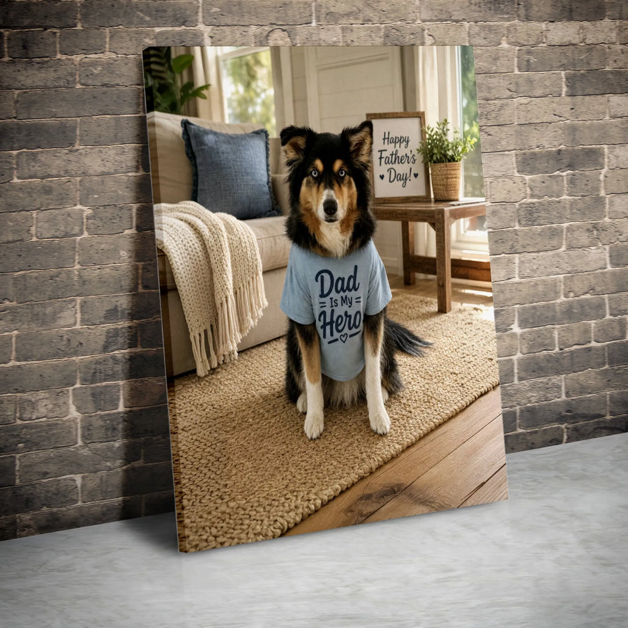 Father's Day Dog Vertical Canvas | Dad Is My Hero Cute Dog Portrait Print | 1.25" Frameless Gallery Wrap Wall Art | Heartwarming Gift for Dog Dads & Pet Lovers