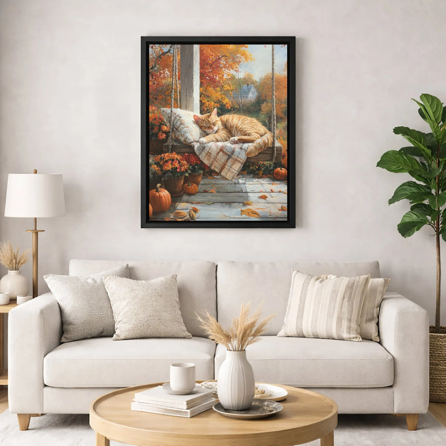 Sleeping Orange Tabby Cat Canvas | Autumn Porch Swing Decor | Gallery Quality Premium Print | Fall Season Home Gift for Cat Lovers