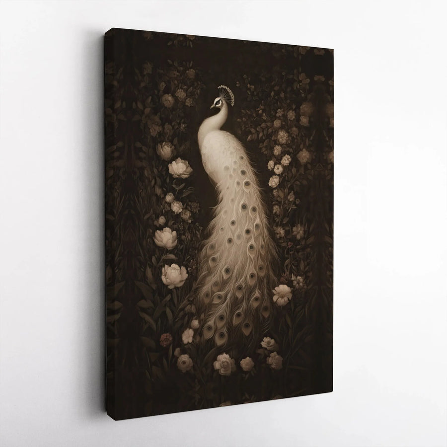 White Peacock Wall Art | Vintage Dark Floral Garden Canvas | Premium Gallery Wrap Print | Elegant Home Decor Gift For Bird Lovers